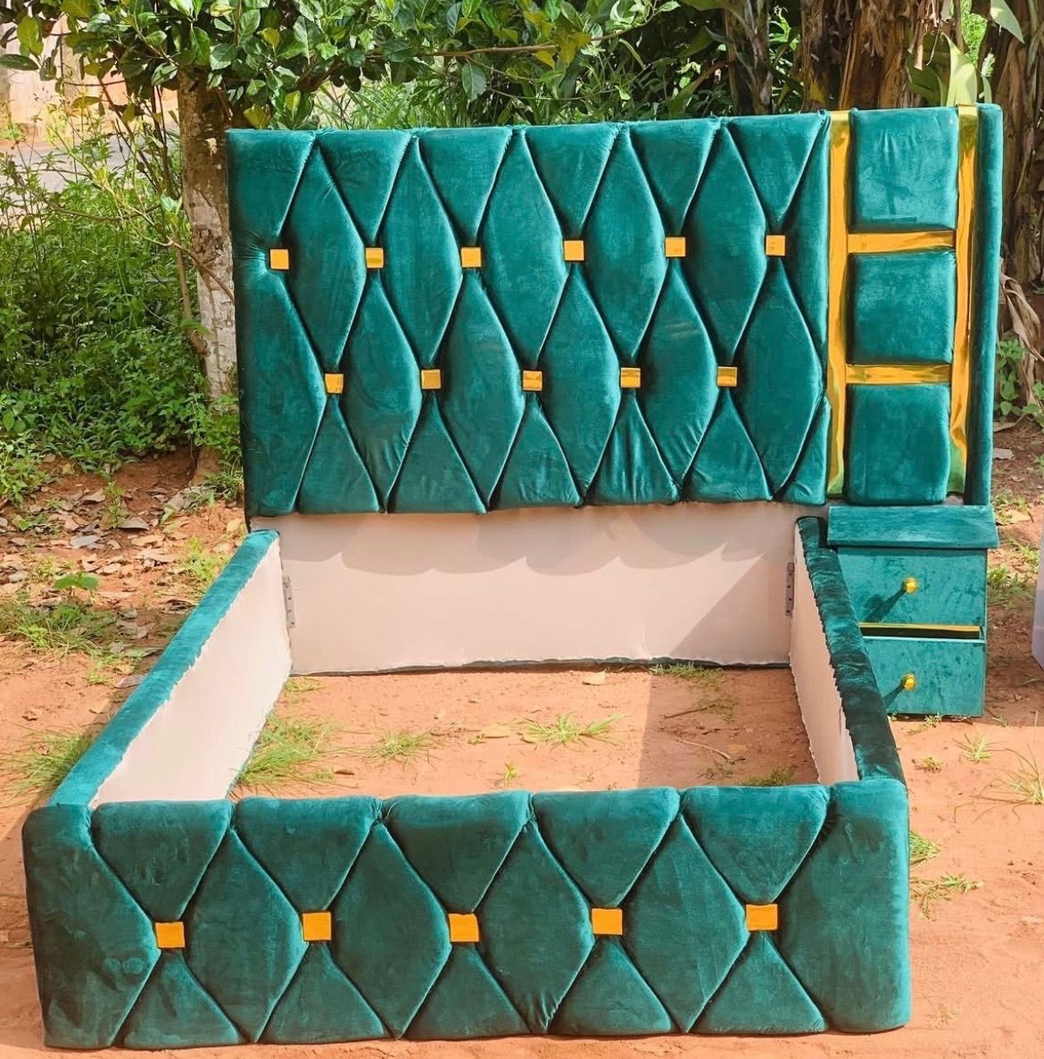 Luxury velvet Bed frame with bedside table