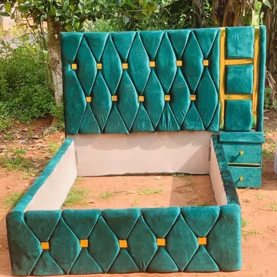 Luxury velvet Bed frame with bedside table