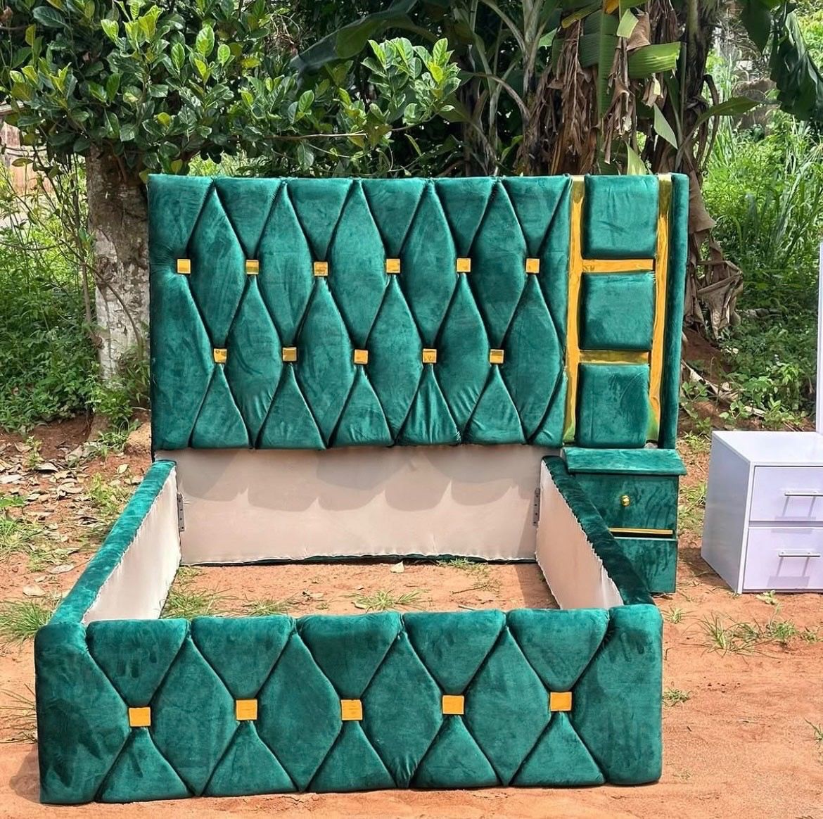 Luxury velvet Bed frame with bedside table photo 2